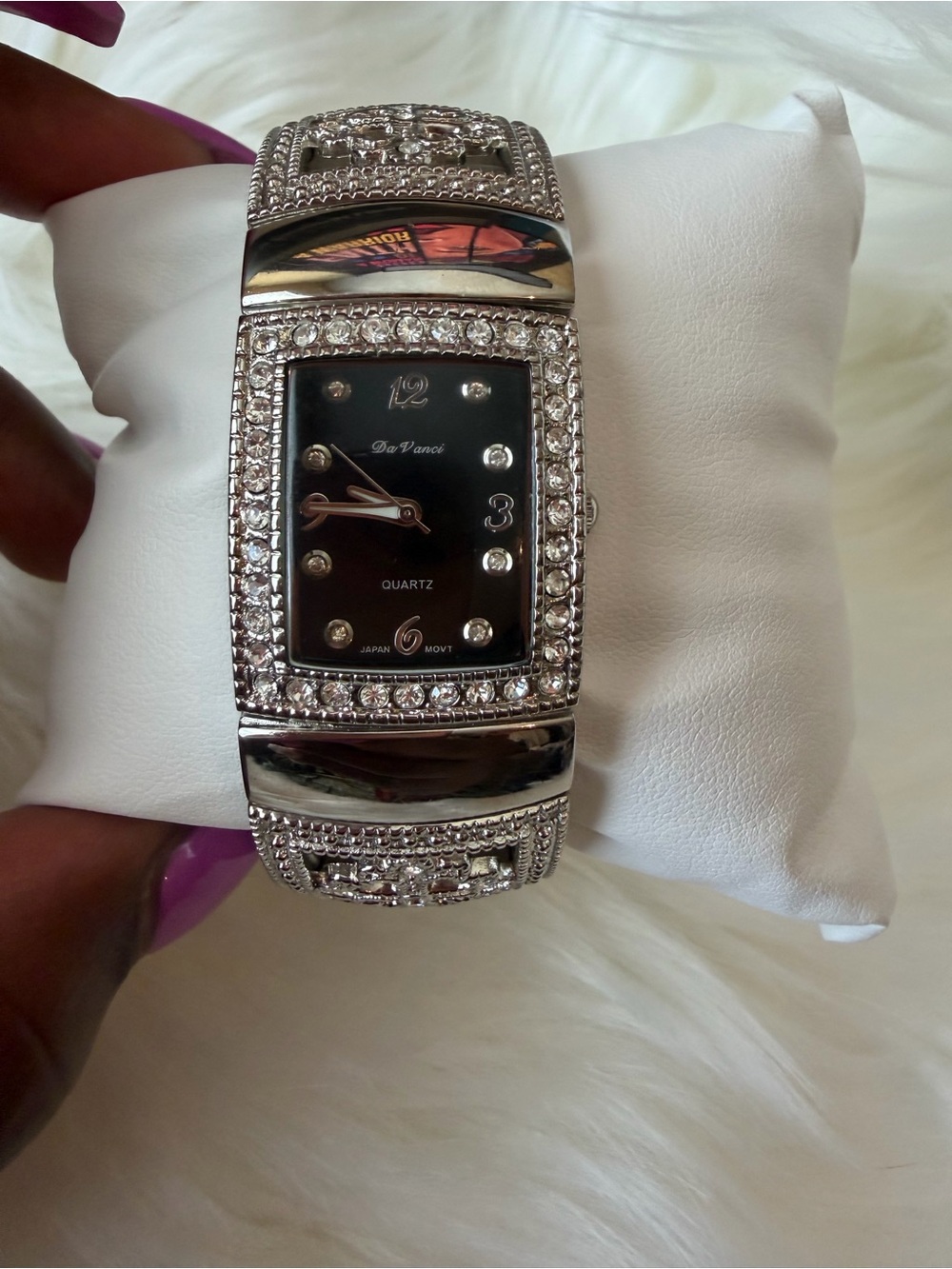 Vintage Silver Crystal Bangle Watch - Black Dial